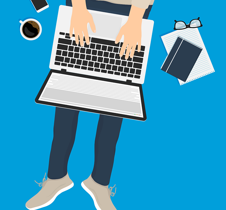 Digital graphic image of person sitting on the floor working on their laptop with notebook and coffee next to them. 