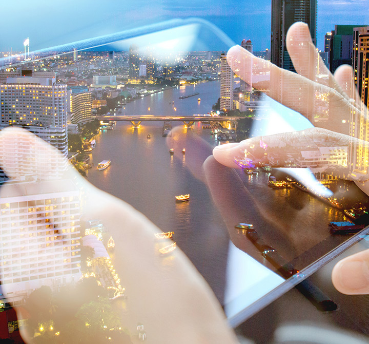 Tablet overlay on top of Chicago skyline